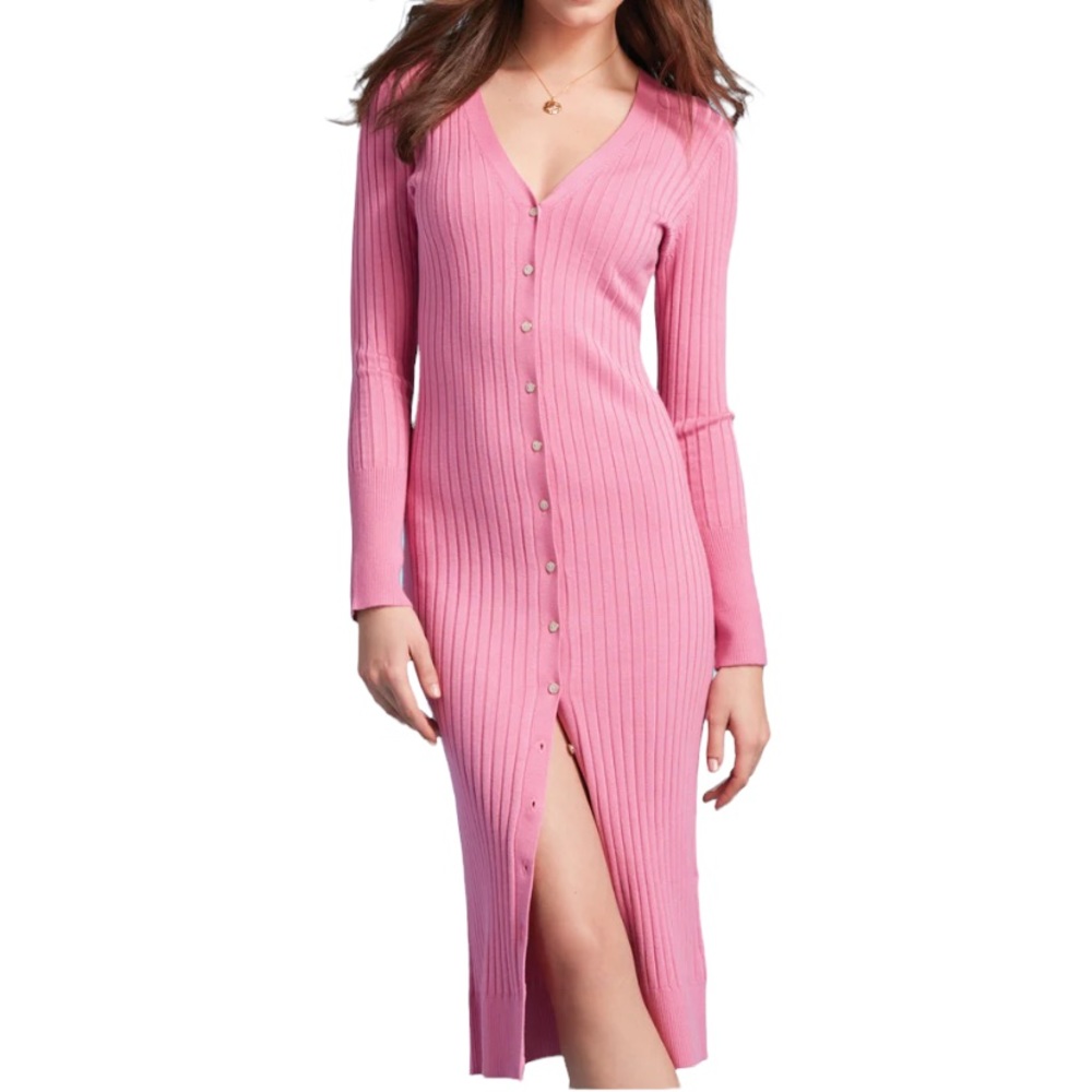 525 America Pink Wide Rib Long Cardigan with Pearlized Buttons